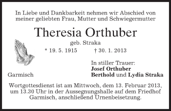Traueranzeige von Theresia Orthuber von merkurtz