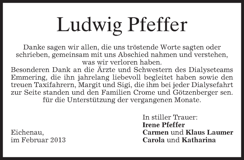  Traueranzeige für Ludwig Pfeffer vom 09.02.2013 aus merkurtz
