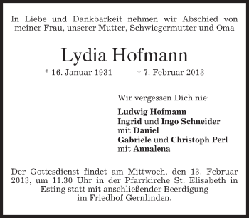 Traueranzeige von Lydia Hofmann von merkurtz