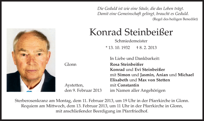  Traueranzeige für Konrad Steinbeißer vom 09.02.2013 aus merkurtz