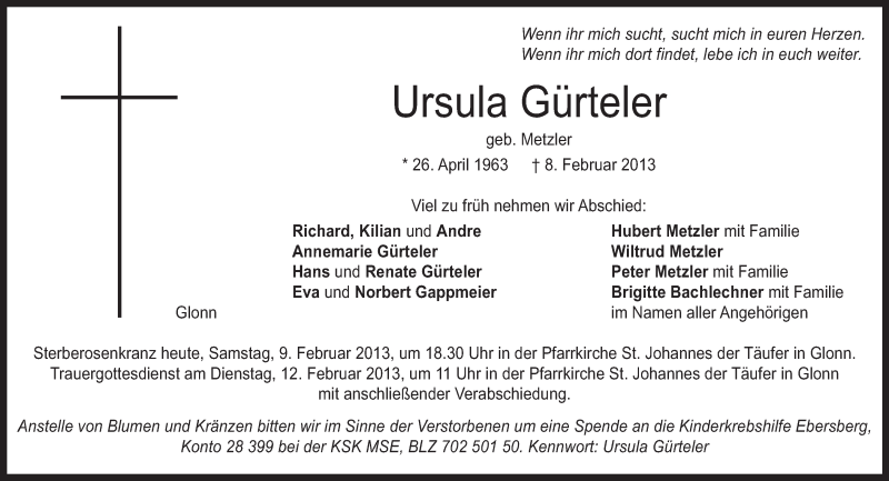  Traueranzeige für Ursula Gürteler vom 09.02.2013 aus merkurtz