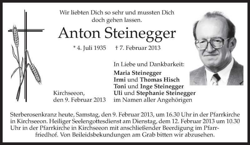  Traueranzeige für Anton Steinegger vom 09.02.2013 aus merkurtz