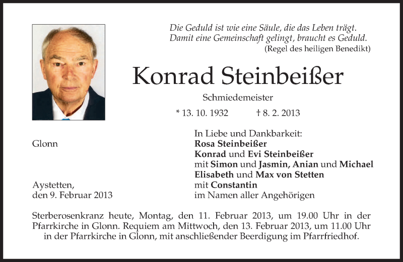  Traueranzeige für Konrad Steinbeißer vom 11.02.2013 aus merkurtz