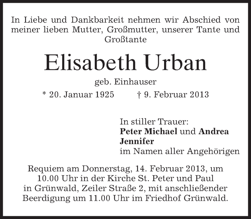  Traueranzeige für Elisabeth Urban vom 12.02.2013 aus merkurtz