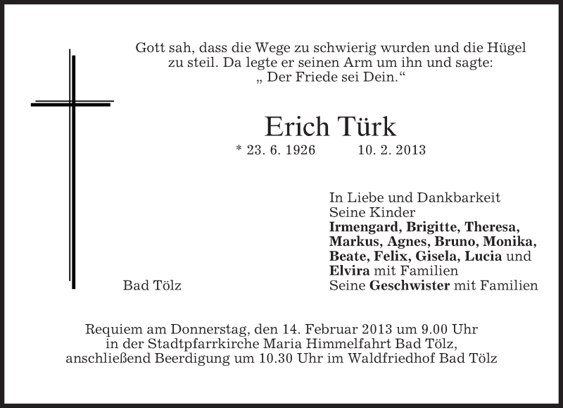  Traueranzeige für Erich Türk vom 12.02.2013 aus merkurtz