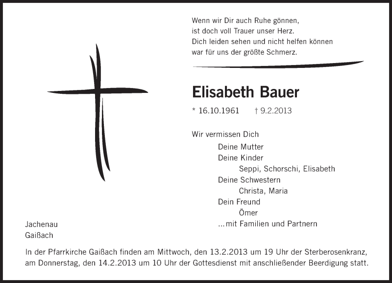  Traueranzeige für Elisabeth Bauer vom 12.02.2013 aus merkurtz