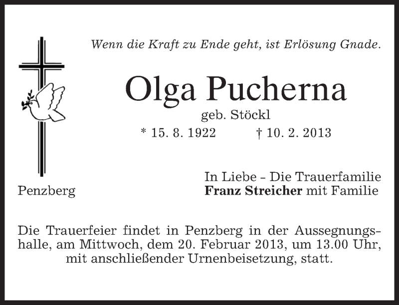  Traueranzeige für Olga Pucherna vom 12.02.2013 aus merkurtz