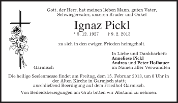 Traueranzeige von Ignaz Pickl von merkurtz