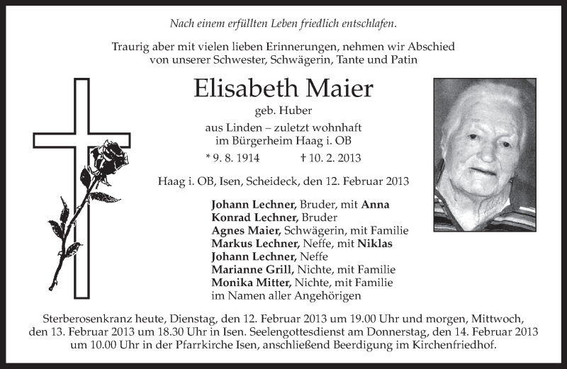  Traueranzeige für Elisabeth Maier vom 12.02.2013 aus merkurtz