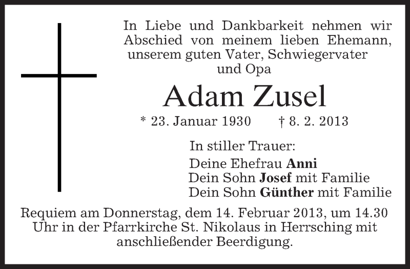  Traueranzeige für Adam Zusel vom 12.02.2013 aus merkurtz