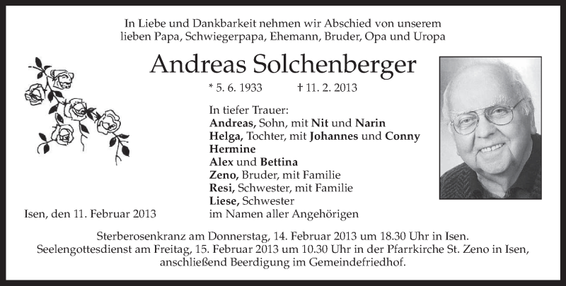  Traueranzeige für Andreas Solchenberger vom 12.02.2013 aus merkurtz