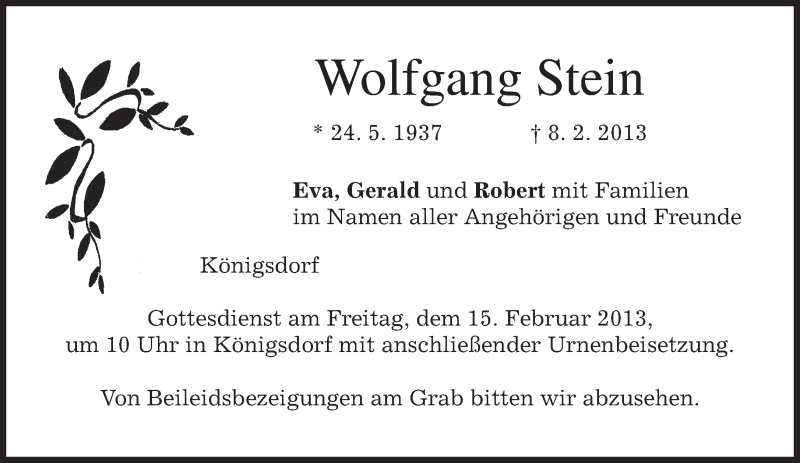 Traueranzeige für Wolfgang Stein vom 13.02.2013 aus merkurtz