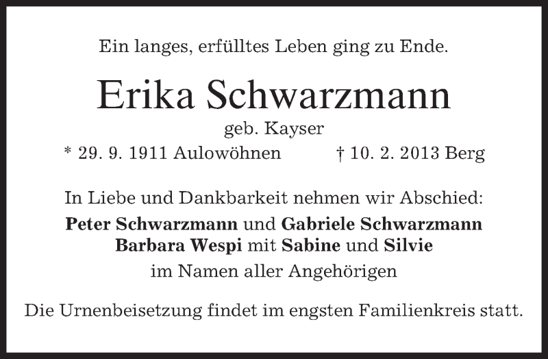  Traueranzeige für Erika Schwarzmann vom 16.02.2013 aus merkurtz
