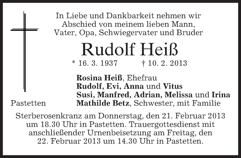 Traueranzeige für Rudolf Heiß vom 16.02.2013 aus merkurtz
