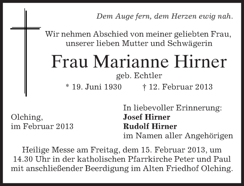  Traueranzeige für Marianne Hirner vom 14.02.2013 aus merkurtz