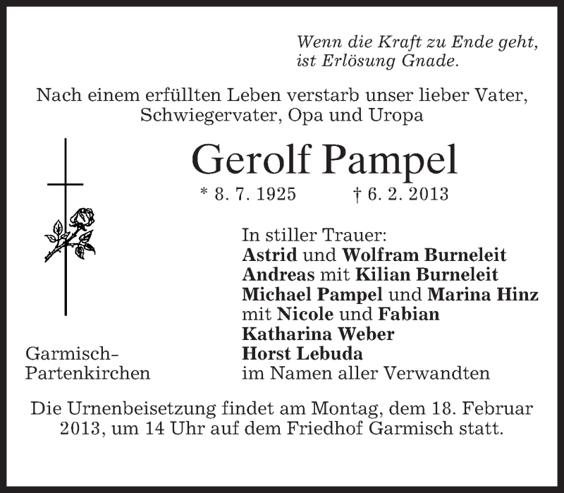  Traueranzeige für Gerolf Pampel vom 15.02.2013 aus merkurtz