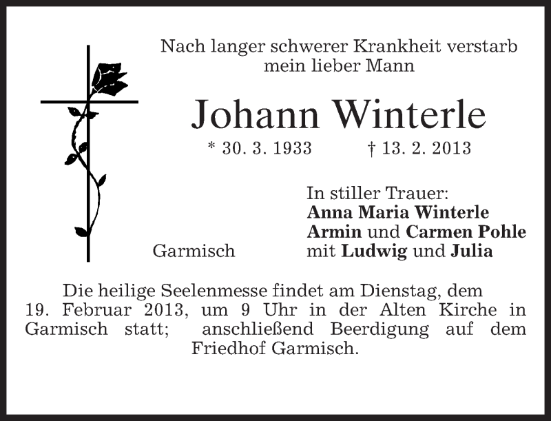  Traueranzeige für Johann Winterle vom 16.02.2013 aus merkurtz