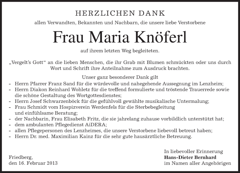  Traueranzeige für Maria Knöferl vom 16.02.2013 aus merkurtz