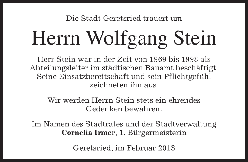  Traueranzeige für Wolfgang Stein vom 15.02.2013 aus merkurtz
