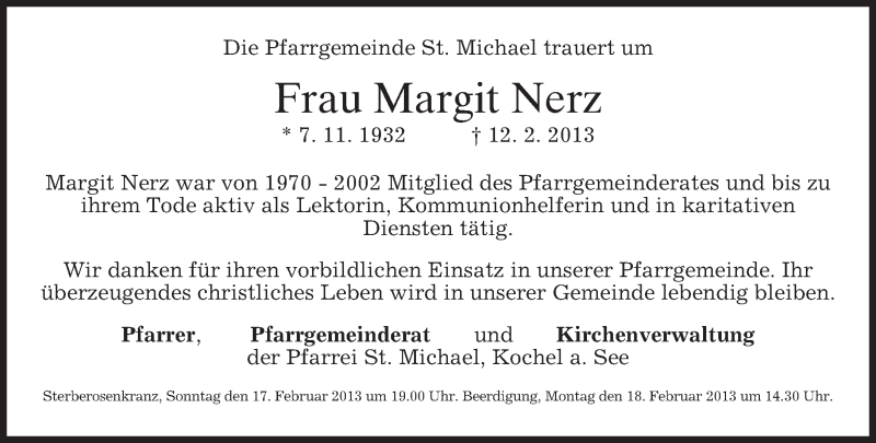  Traueranzeige für Margit Nerz vom 15.02.2013 aus merkurtz