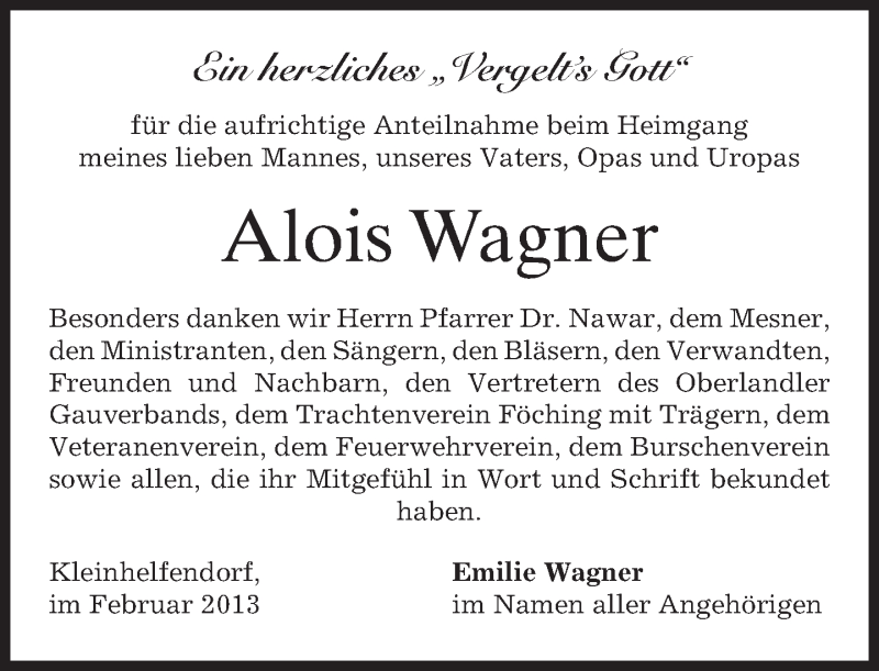  Traueranzeige für Alois Wagner vom 16.02.2013 aus merkurtz