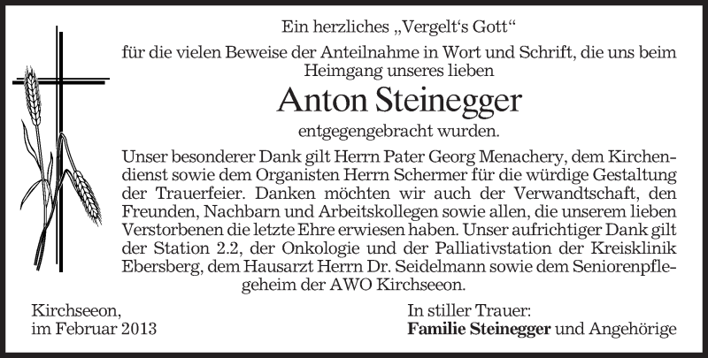  Traueranzeige für Anton Steinegger vom 16.02.2013 aus merkurtz