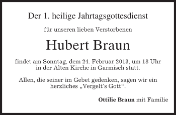 Traueranzeige von Hubert Braun von merkurtz