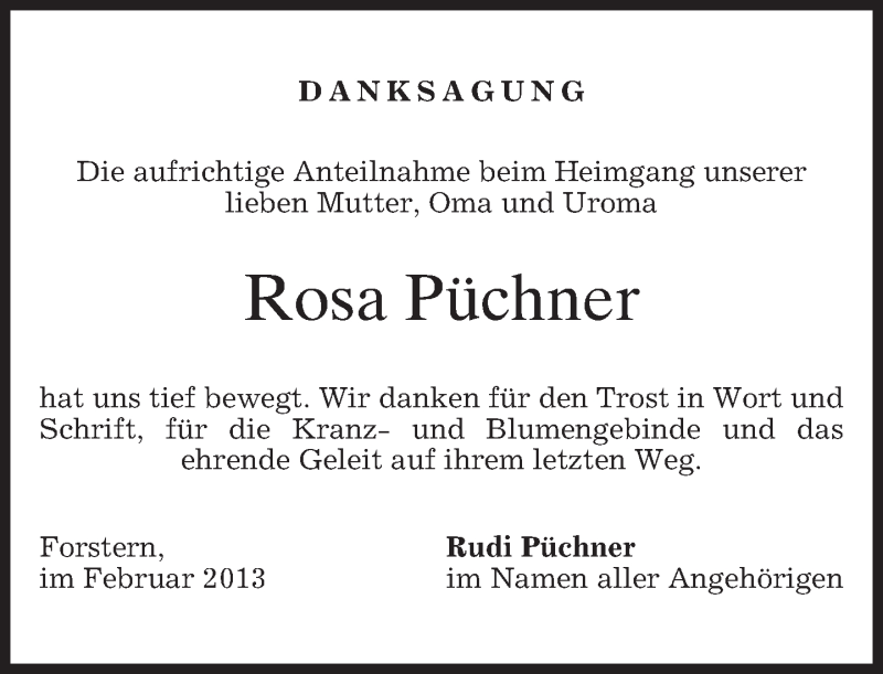  Traueranzeige für Rosa Püchner vom 16.02.2013 aus merkurtz