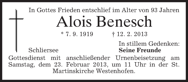  Traueranzeige für Alois Benesch vom 20.02.2013 aus merkurtz