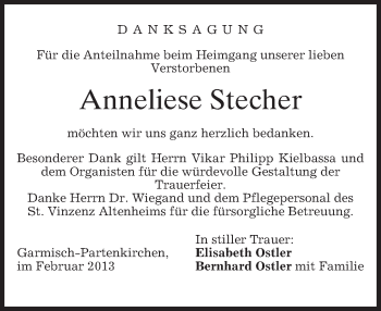 Traueranzeige von Anneliese Stecher von merkurtz