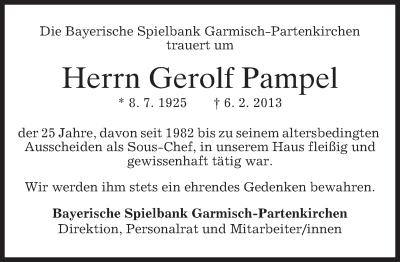  Traueranzeige für Gerolf Pampel vom 16.02.2013 aus merkurtz