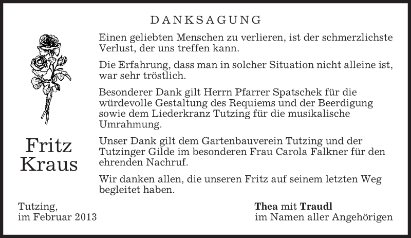  Traueranzeige für Fritz Kraus vom 16.02.2013 aus merkurtz
