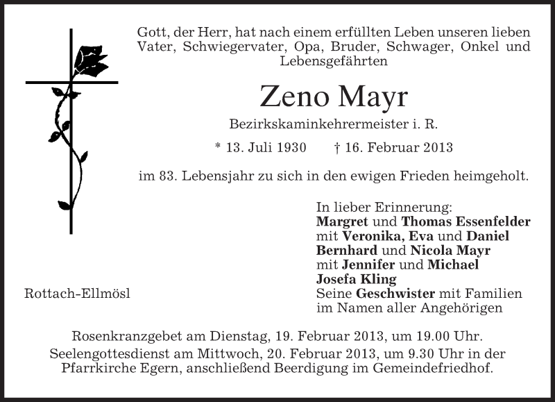  Traueranzeige für Zeno Mayr vom 18.02.2013 aus merkurtz