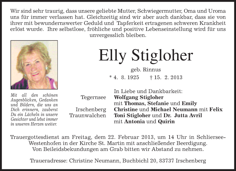 Traueranzeige für Elly Stigloher vom 19.02.2013 aus merkurtz