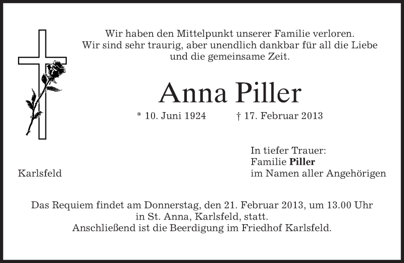  Traueranzeige für Anna Piller vom 19.02.2013 aus merkurtz