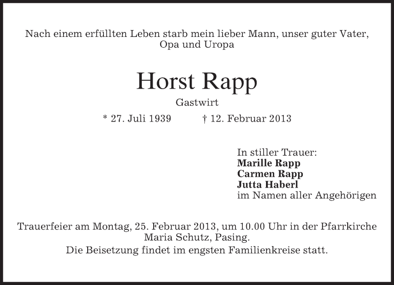  Traueranzeige für Horst Rapp vom 20.02.2013 aus merkurtz
