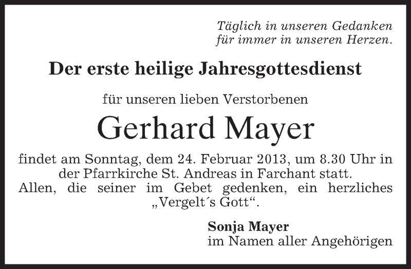  Traueranzeige für Gerhard Mayer vom 23.02.2013 aus merkurtz