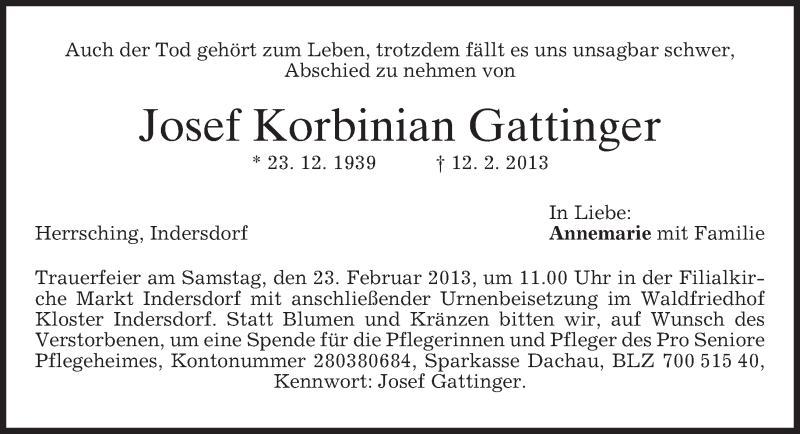  Traueranzeige für Josef Korbinian Gattinger vom 20.02.2013 aus merkurtz