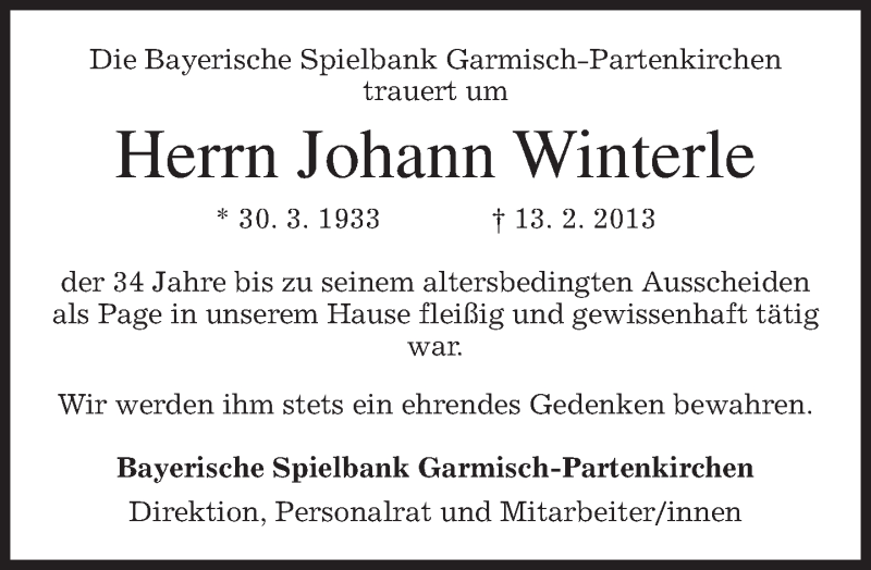  Traueranzeige für Johann Winterle vom 19.02.2013 aus merkurtz