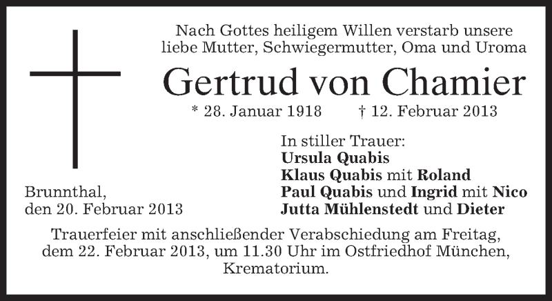  Traueranzeige für Gertrud von Chamier vom 20.02.2013 aus merkurtz