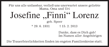 Traueranzeige von Josefine Lorenz von merkurtz