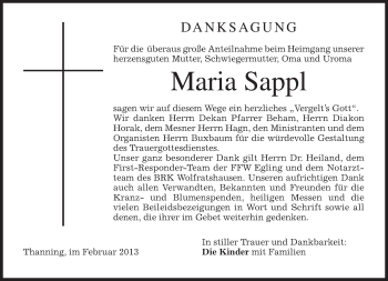 Traueranzeige von Maria Sappl von merkurtz