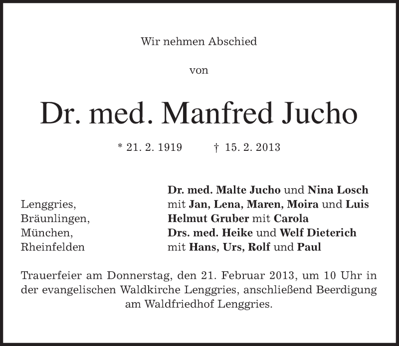  Traueranzeige für Manfred Jucho vom 19.02.2013 aus merkurtz
