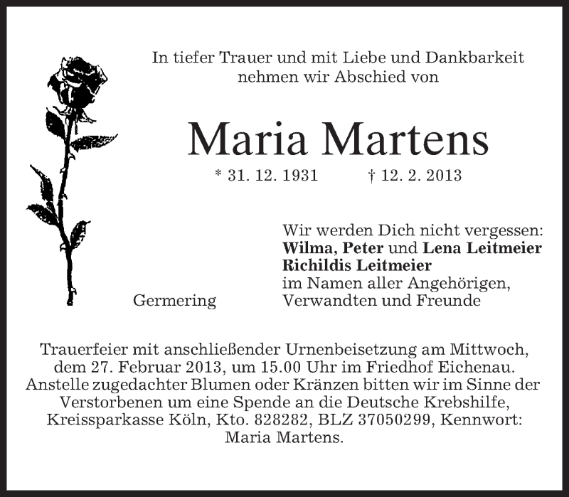  Traueranzeige für Maria Martens vom 23.02.2013 aus merkurtz
