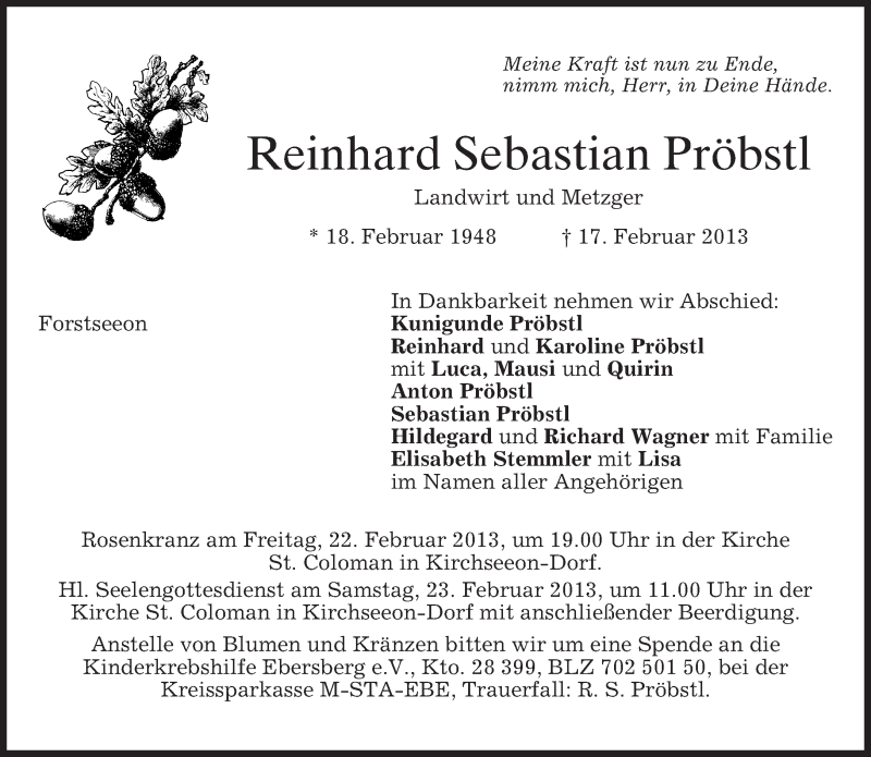  Traueranzeige für Reinhard Sebastian Pröbstl vom 21.02.2013 aus merkurtz