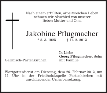 Traueranzeige von Jakobine Pflugmacher von merkurtz