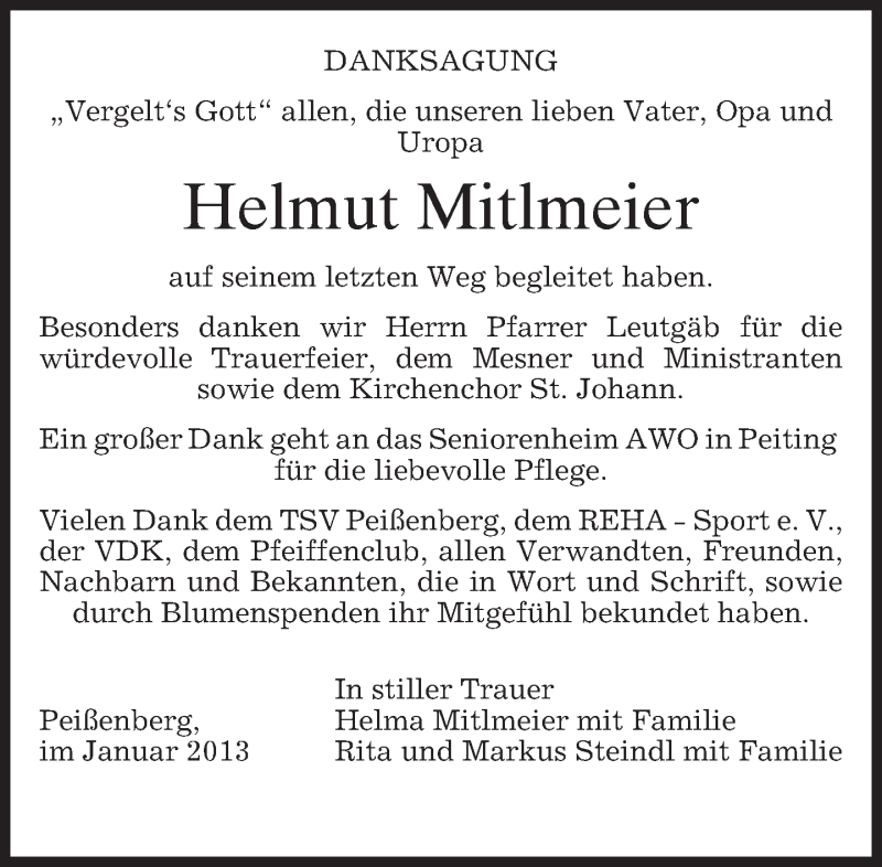  Traueranzeige für Helmut Mitlmeier vom 23.02.2013 aus merkurtz
