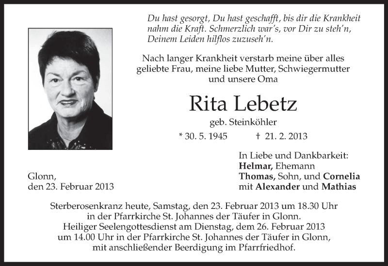  Traueranzeige für Rita Lebetz vom 23.02.2013 aus merkurtz