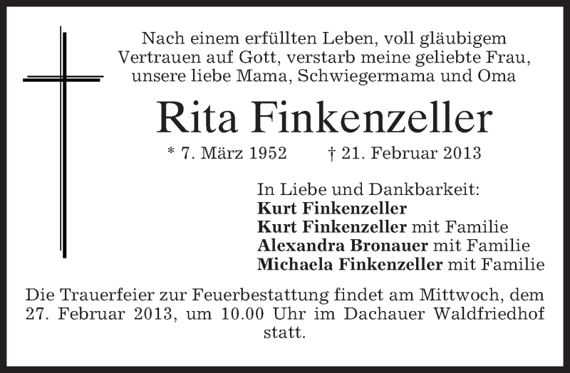  Traueranzeige für Rita Finkenzeller vom 25.02.2013 aus merkurtz
