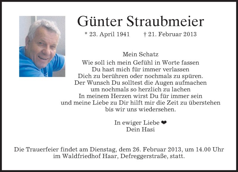  Traueranzeige für Günter Straubmeier vom 25.02.2013 aus merkurtz